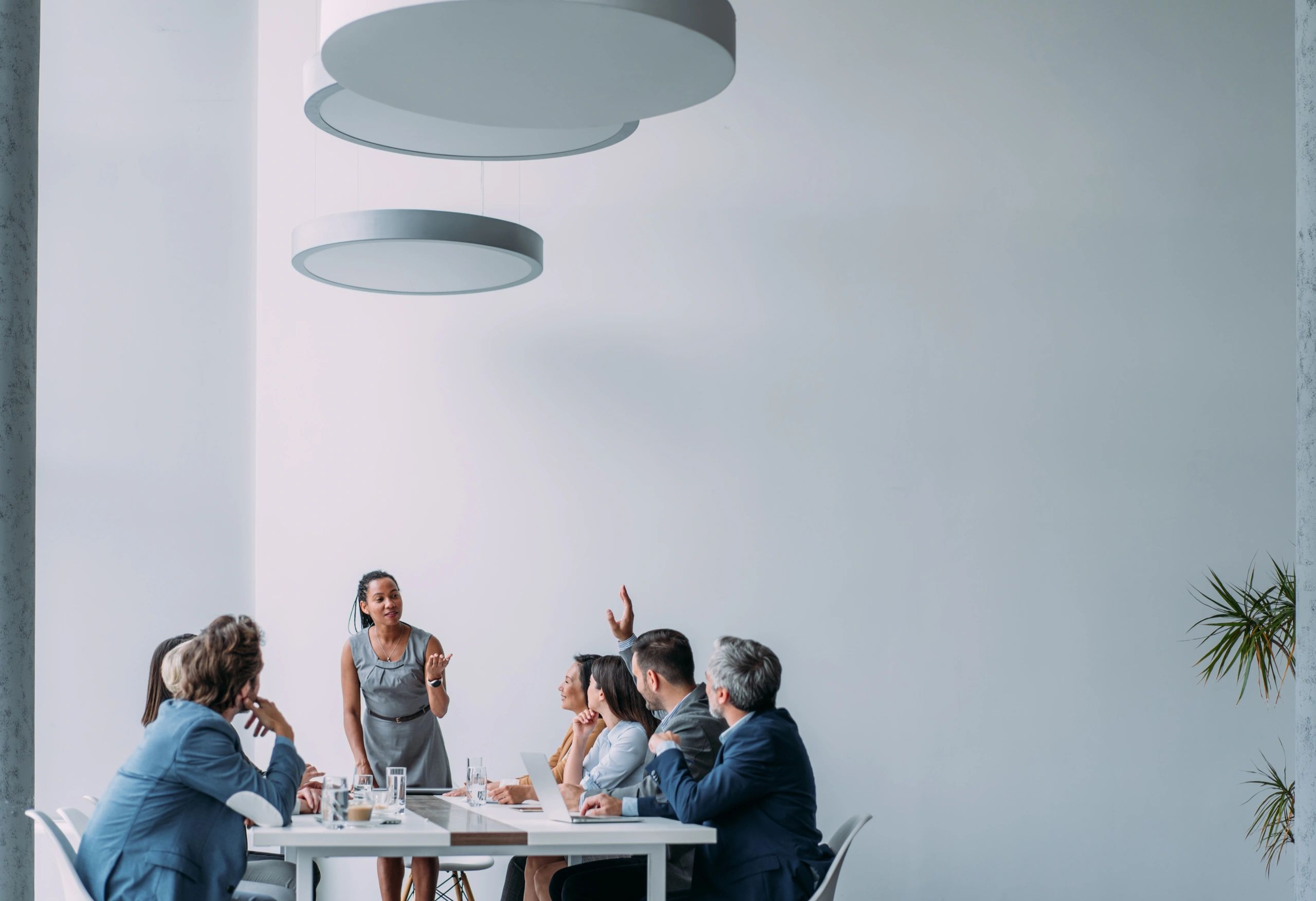 Workers gathered in a leadership planning meeting